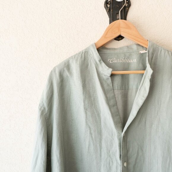 Caribbean Size XL Sage Green 100% Linen Button Up Roll Tab Shirt - Picture 7 of 12